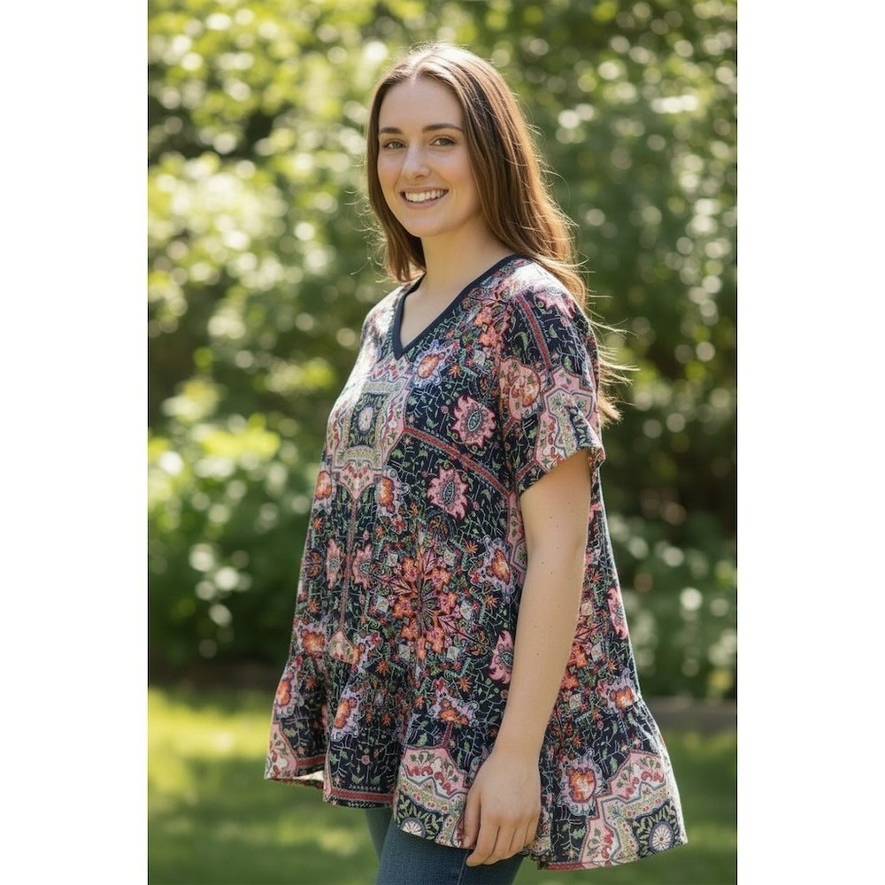 LOOBIE'S STORY Tunic Top Women Size 16 Multicolor Boho Floral VNeck flowy mosaic